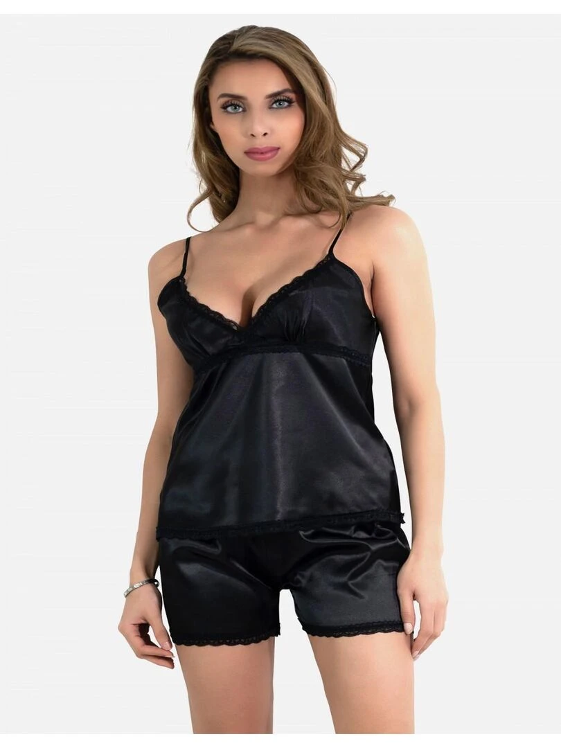 Ensemble pyjashort fines bretelles en satin Kebello   Noir Noir