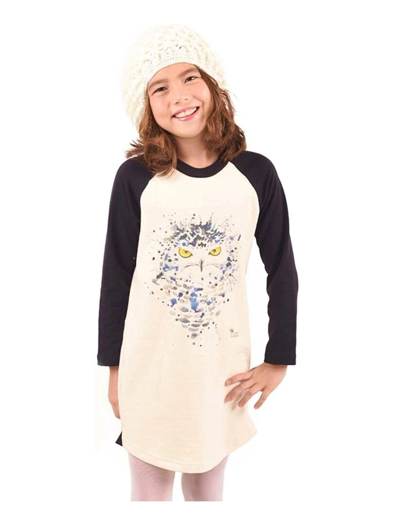Robe Sweat Fille Coton Beige Noir Imprimé Chouette THE OWL 'LA FAUTE A VOLTAIRE' Noir Beige Bleu