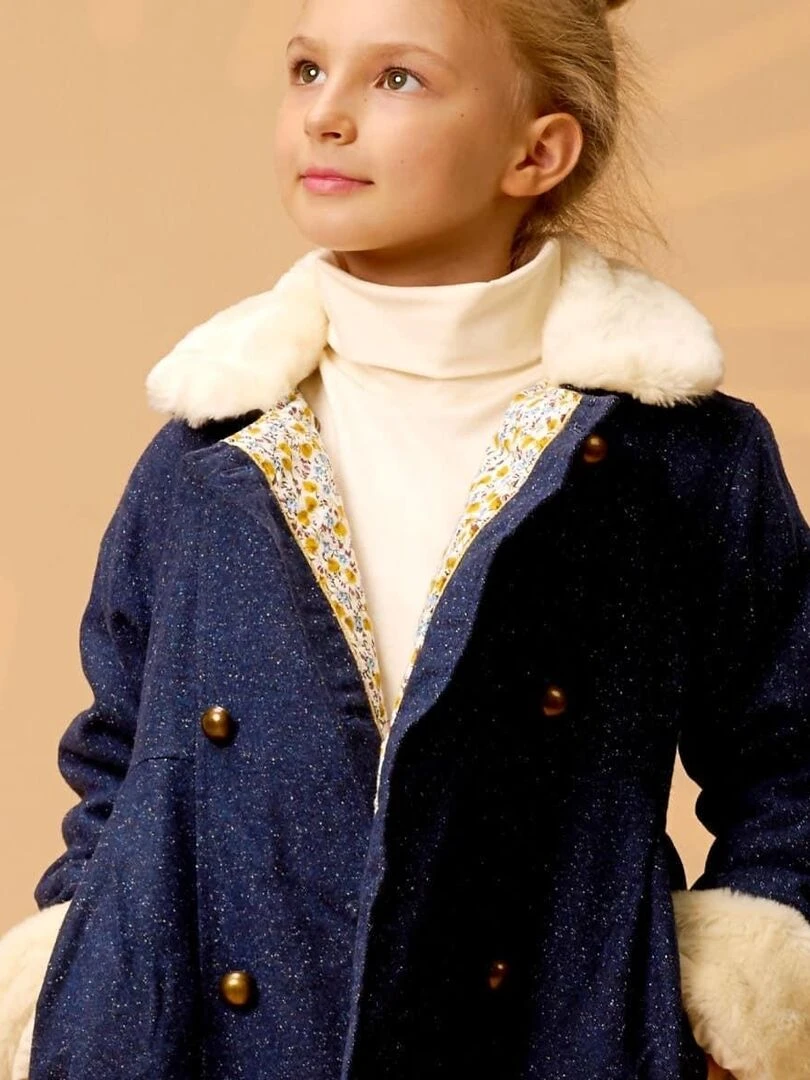 Manteau Laine Tweed Bleu Marine Fille Fausse Fourrure ANOUSHKA 'LA FAUTE A VOLTAIRE' Bleu marine