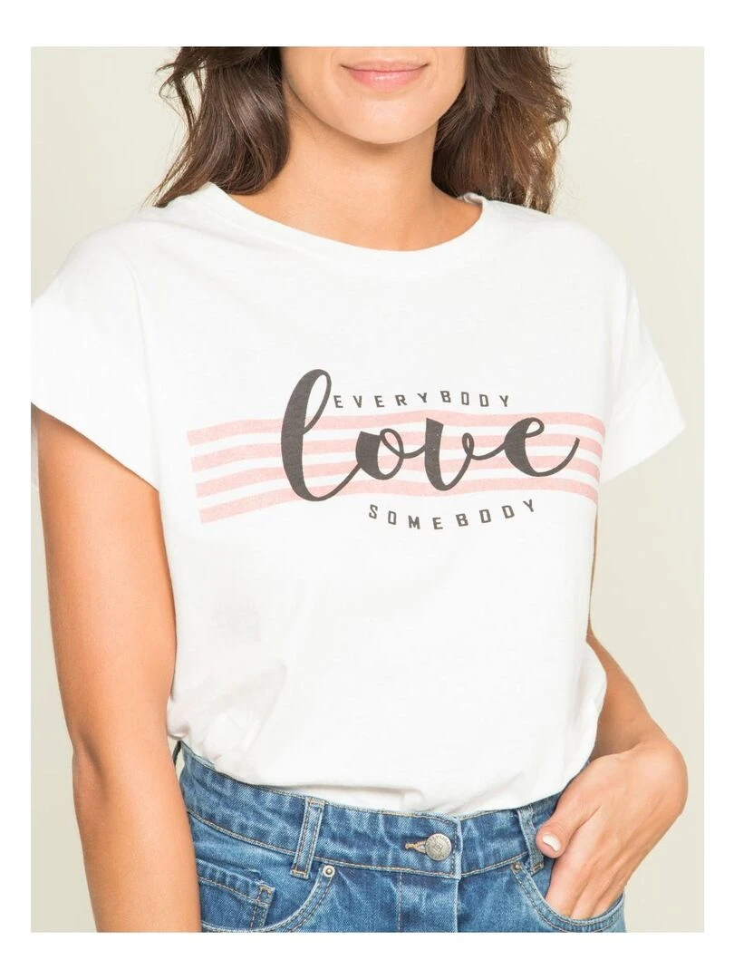 T shirt col rond message FODY   Blanc