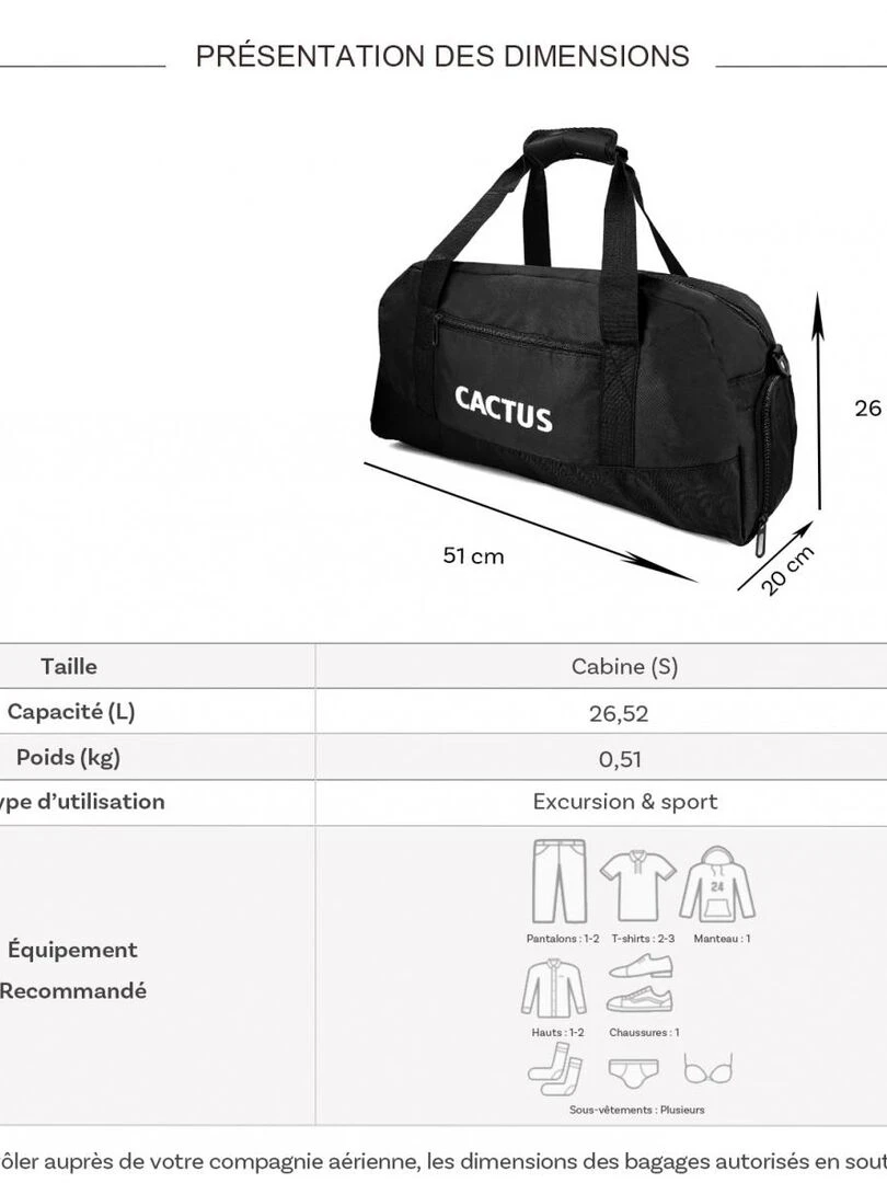 Sac de voyage week end 26L et sport sans roulettes Noir
