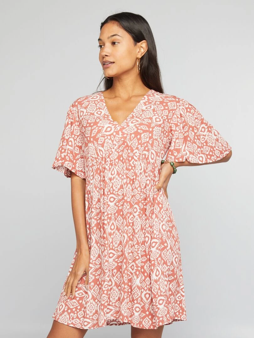 Robe courte en crêpe   Orange imprimé