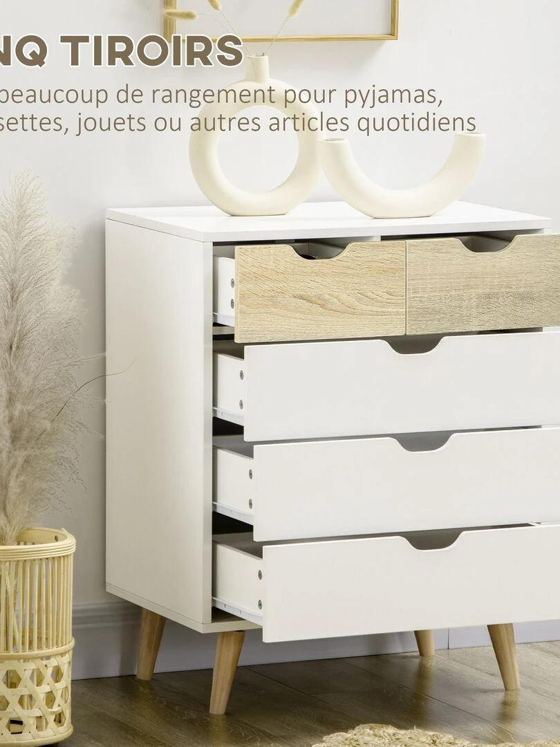 Commode design scandinave 5 tiroirs bois blanc aspect bois clair   Blanc