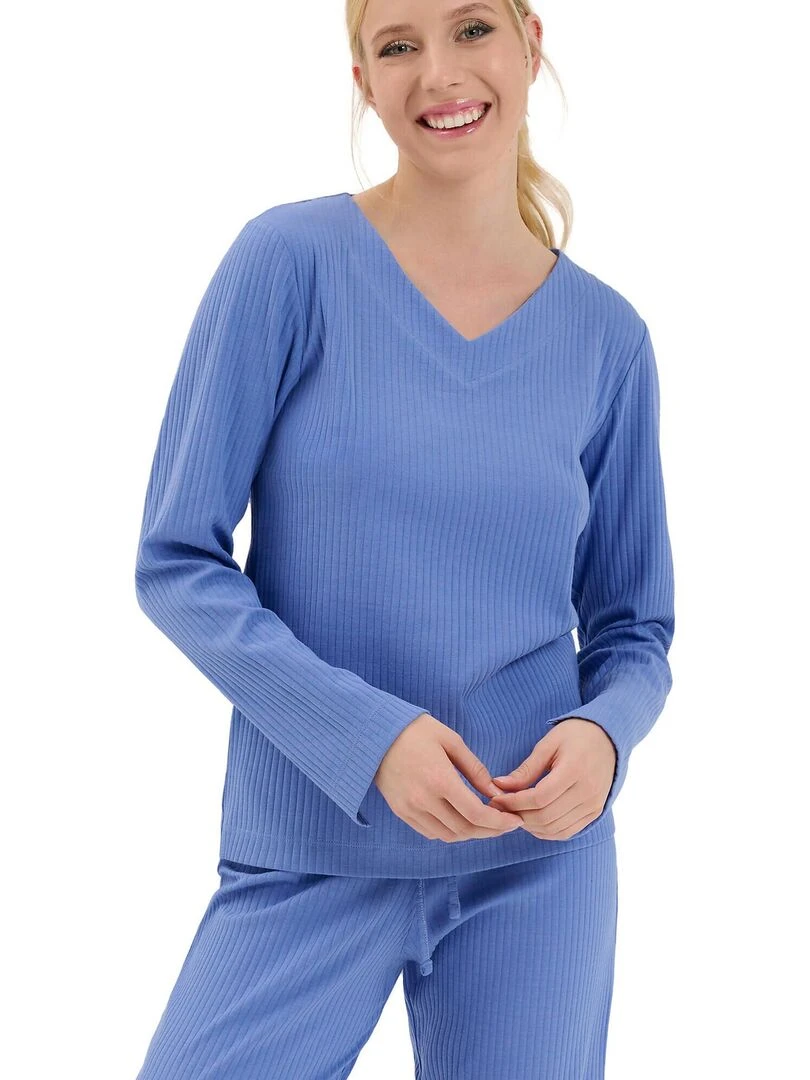 Haut pyjama top col V manches longues Lucky Bleu