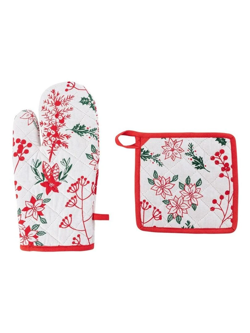 Gant et manique baies de Noël coton Blanc