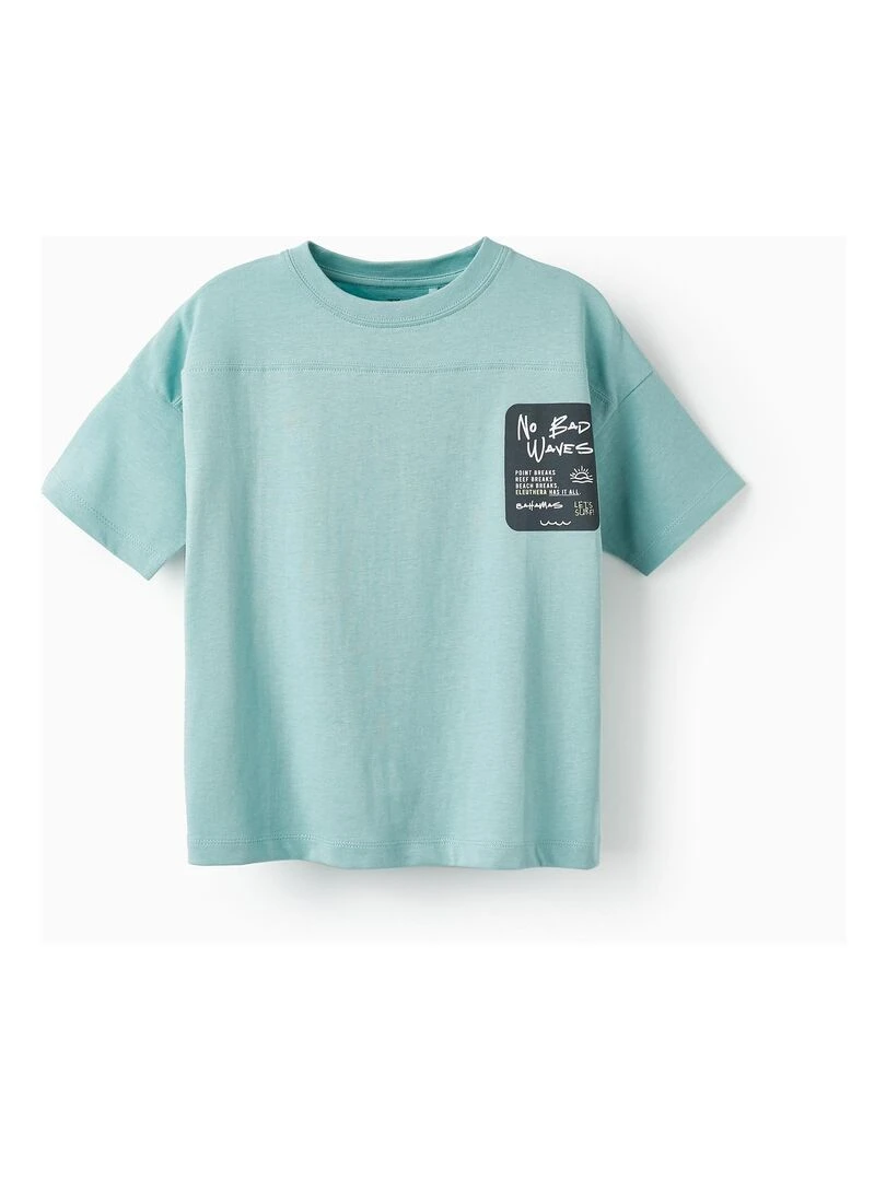 T shirt en coton pour garçon 'No Bad Waves' manches courtes Bleu