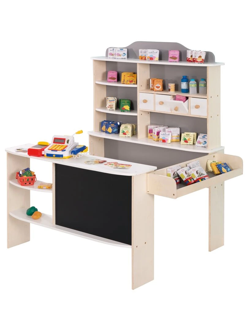 ROBA Marchande en Bois + Caisse Enregistreuse avec Microphone et Autres Accessoires   Blanc/Gris   N/A