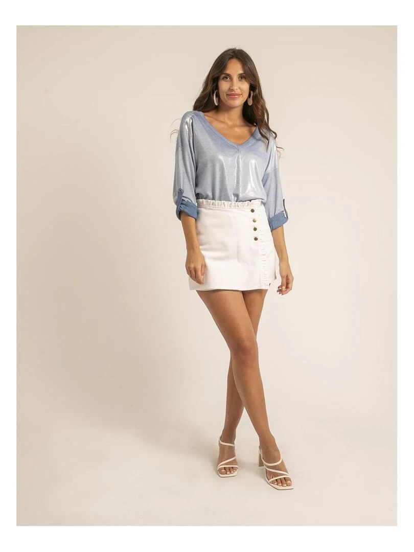 T shirt col V bimatiere FILINIE   Bleu