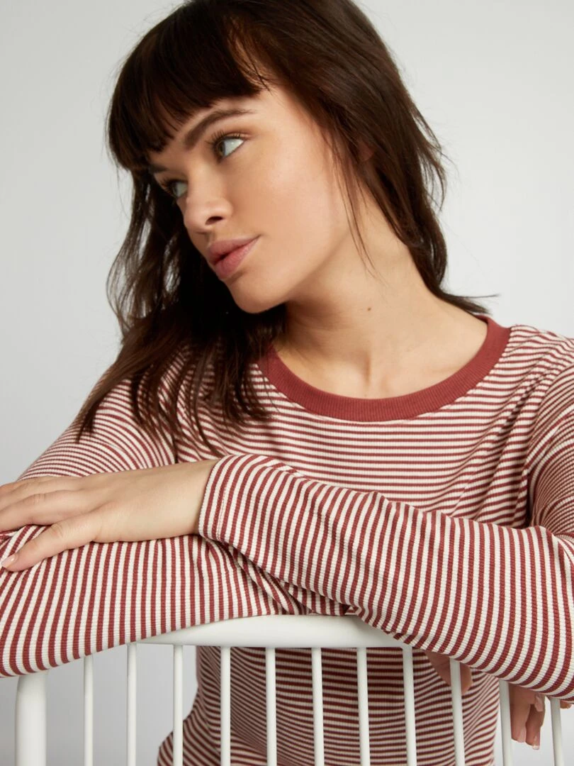 T shirt en maille côtelée stretch Marron/blanc