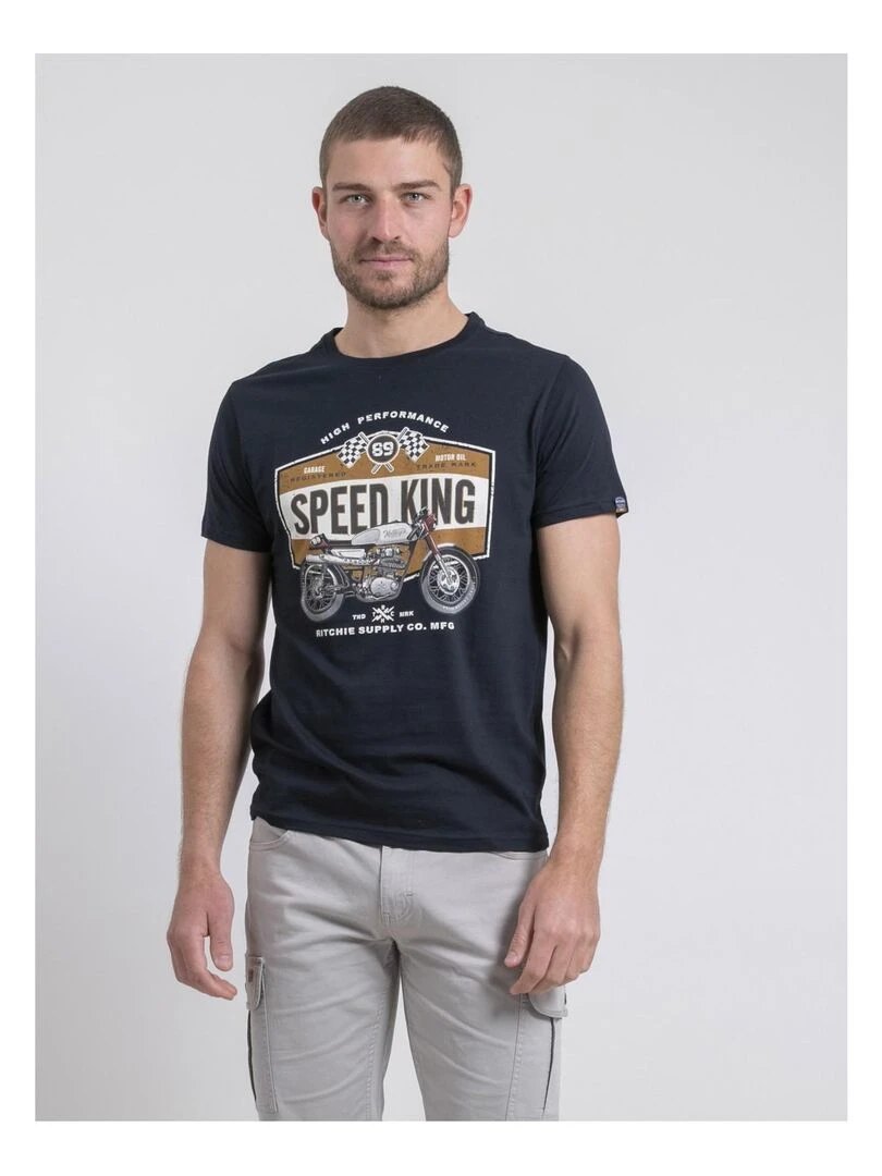 T shirt col rond pur coton NELORIC Bleu marine