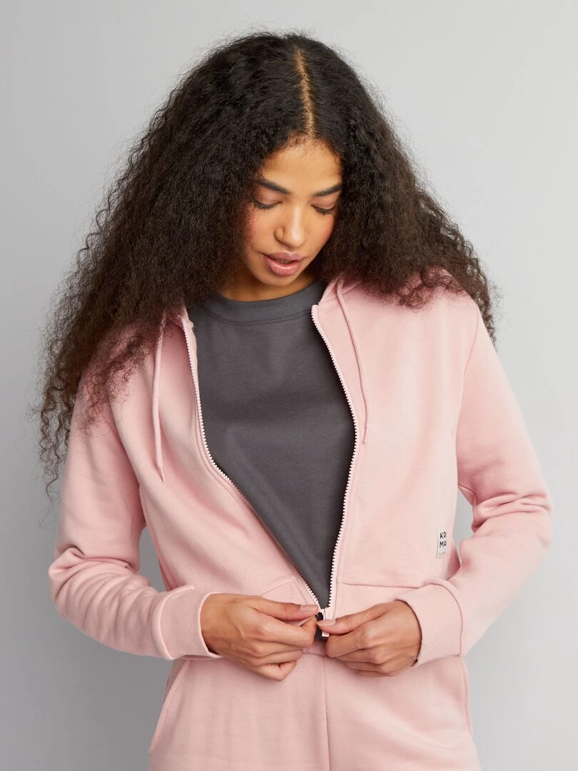 Sweat zippé à capuche uni Rose