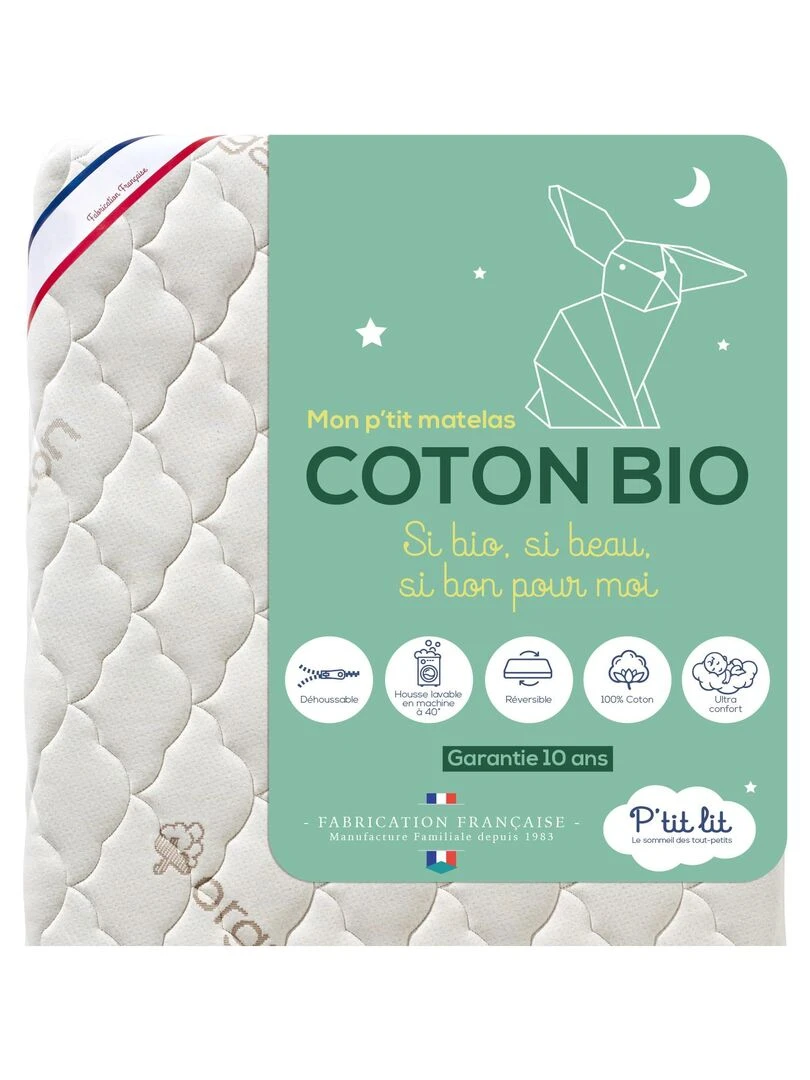 Matelas Bébé Coton Bio 60x120x10 cm Déhoussable Blanc