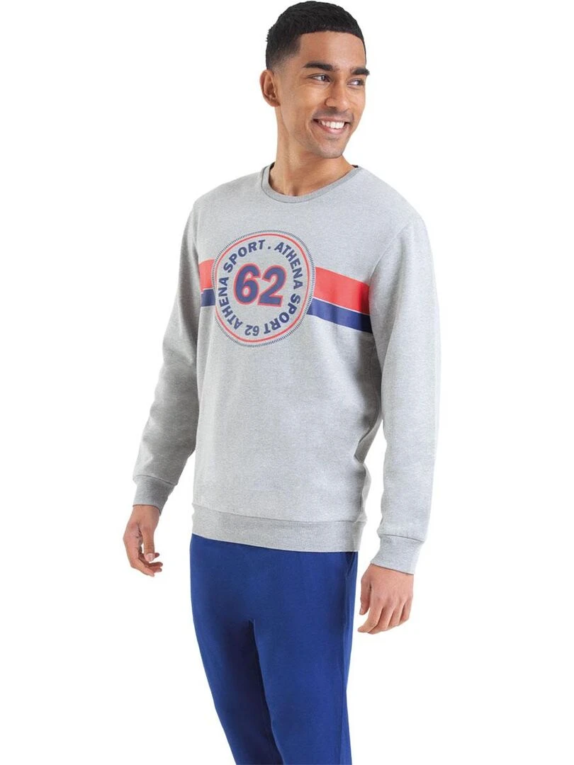 Pyjama long col rond homme Molletonné Bleu Gris