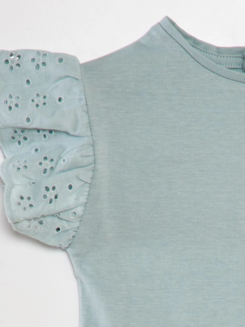 Tee shirt avec manches broderie anglaise   Bleu
