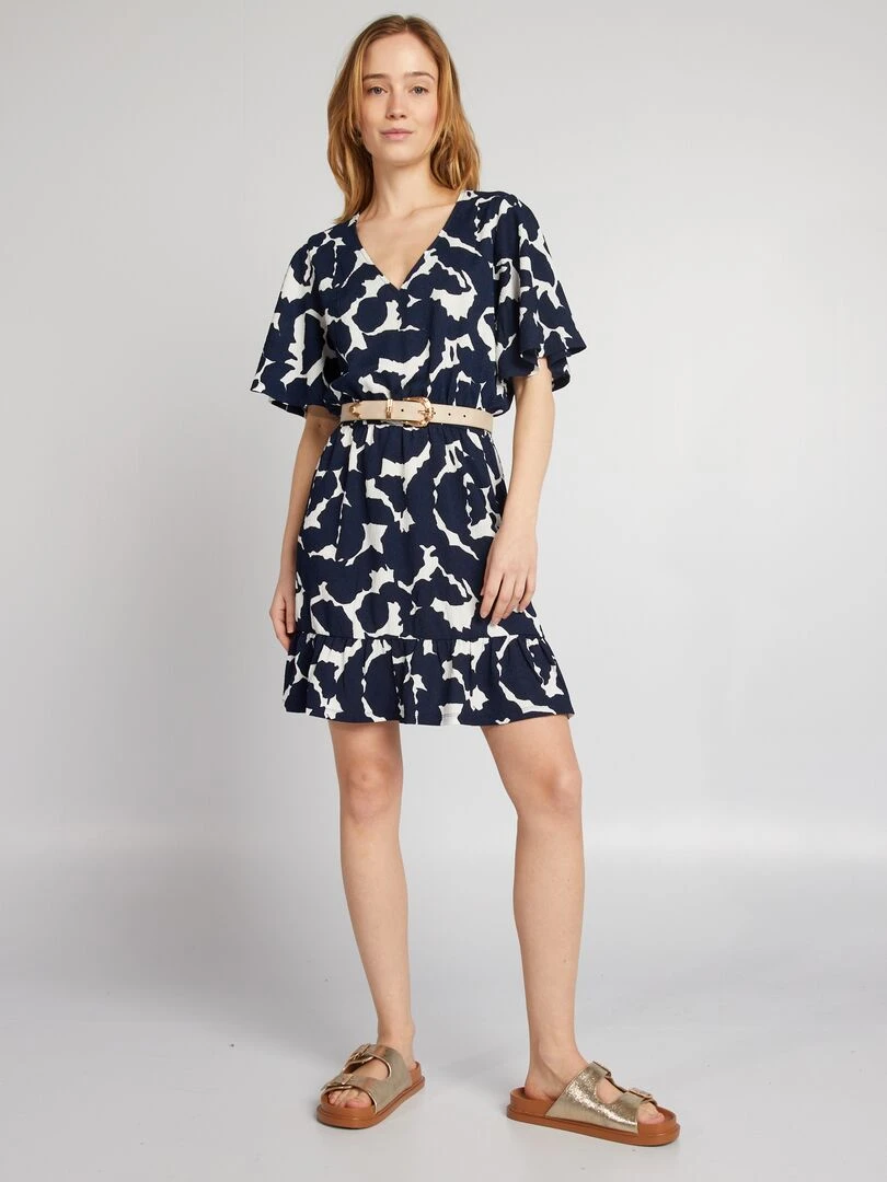Robe courte imprimée à volant Bleu marine