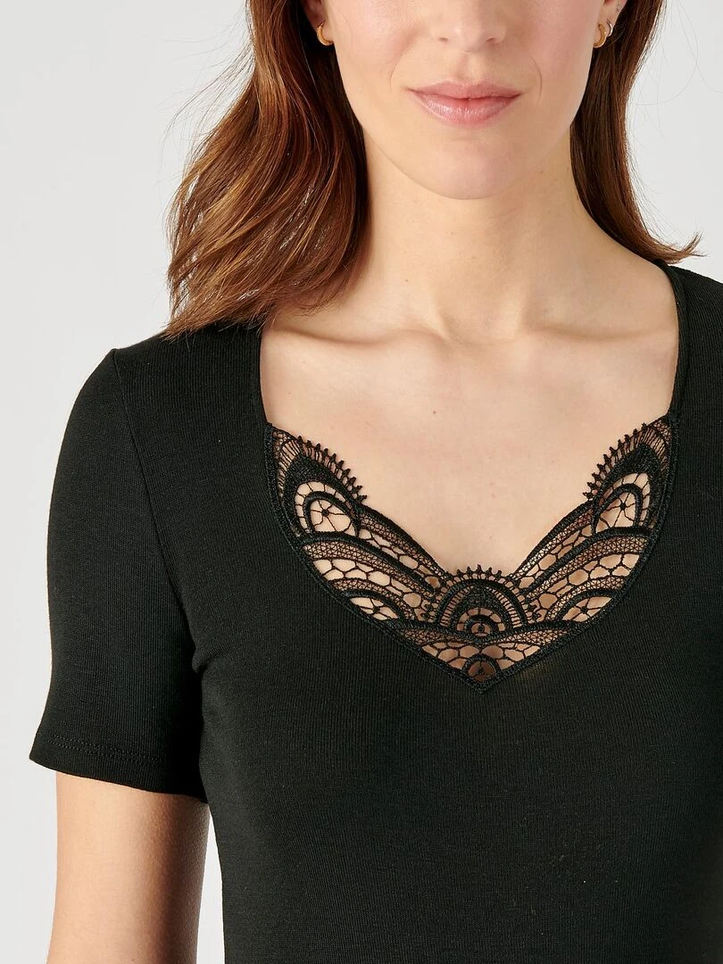 T shirt manches courtes fine côte guipure Thermolactyl Damart Noir