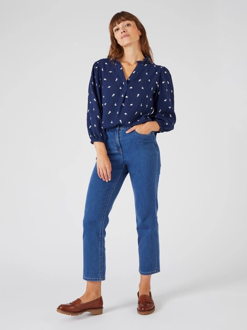 Blouse gaze de coton brodée   Damart   Bleu marine
