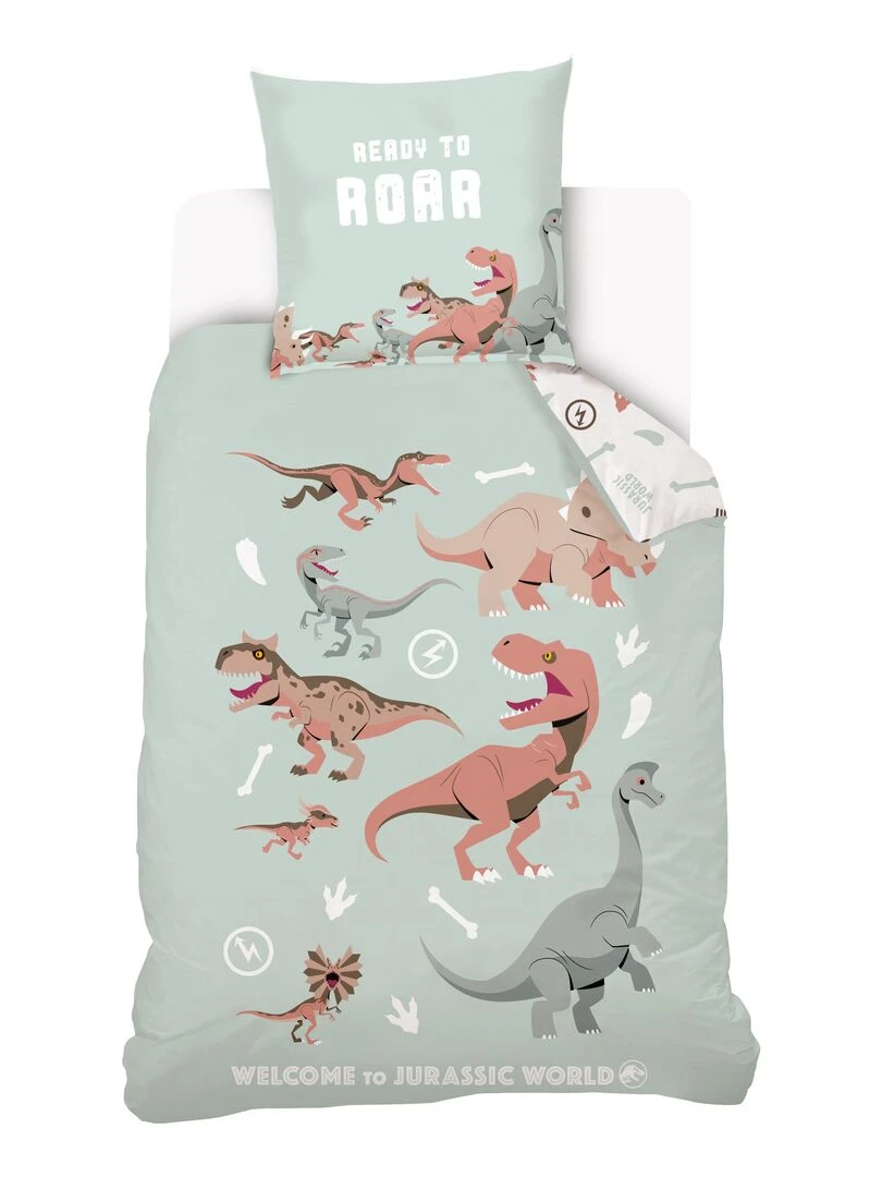 Housse de couette Jurassic World dinosaure 140x200 cm 100% Coton Vert d'eau