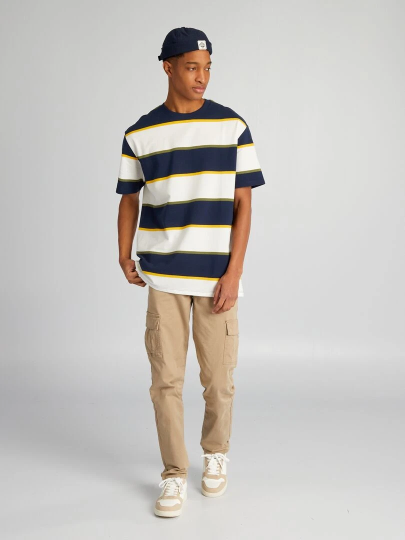 Tee shirt en piqué de coton + d'1m90 Blanc/bleu marine/ jaune