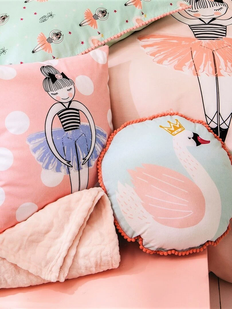 Future Home Coussin rond coton bleu et rose avec cygne 35cm Bleu