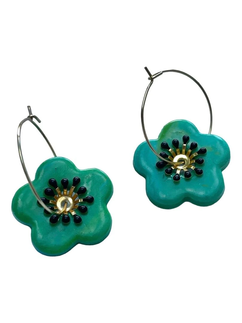 Boucles d'oreilles créoles fleur verte Modèle fait main Vert