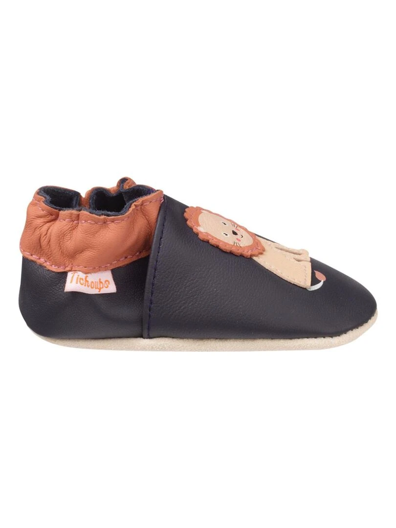 Chaussons bébé cuir souple à émotions lion Bleu marine