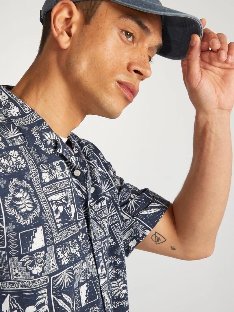 Chemisier imprimé en lin mélangé   Bleu