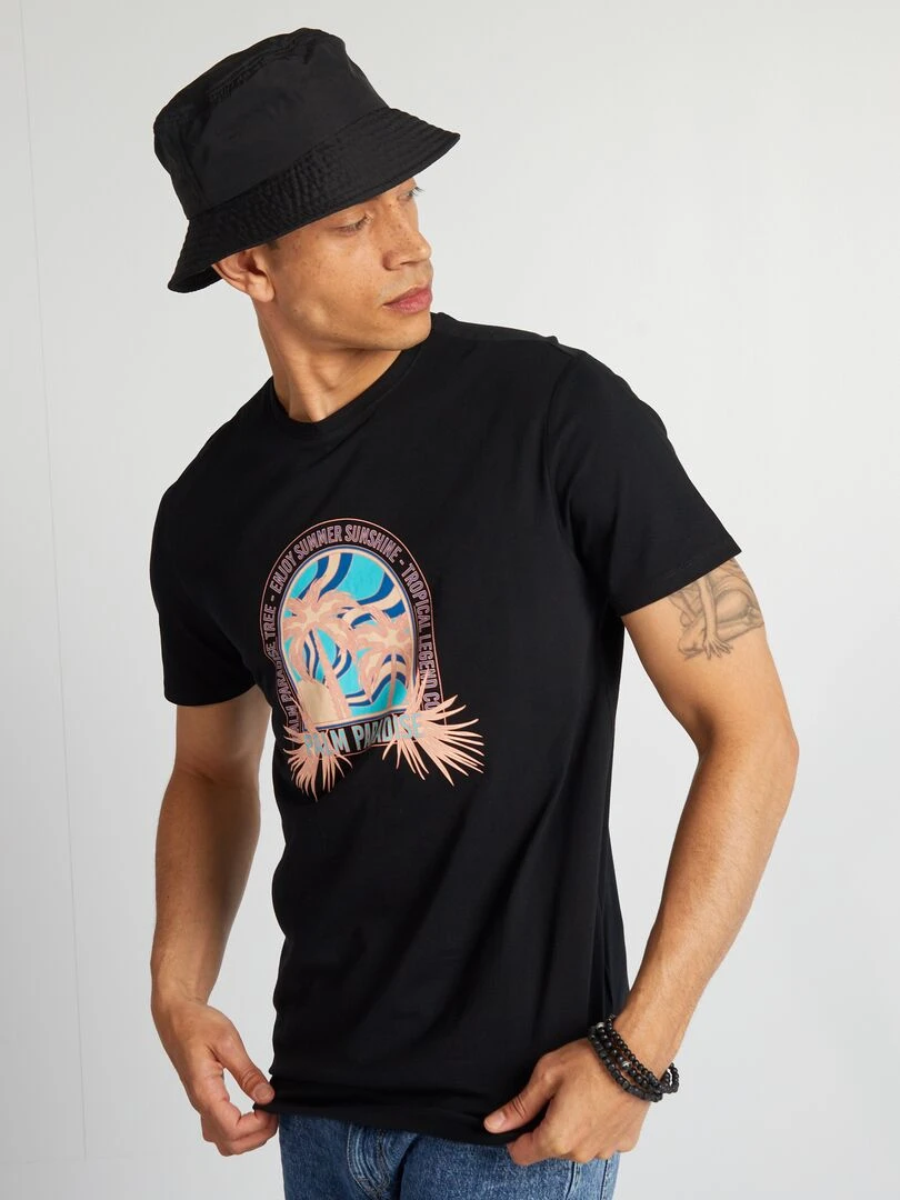 T shirt en coton imprimé à col rond   Noir