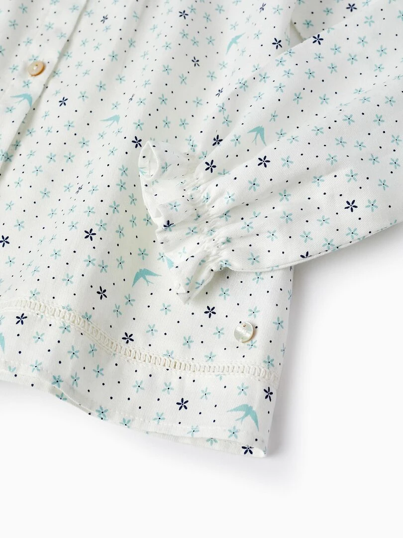 Blouse en sergé de coton à motif pour fille 'Flowers & Birds' manches longues SPRING BEGINS   Bleu clair