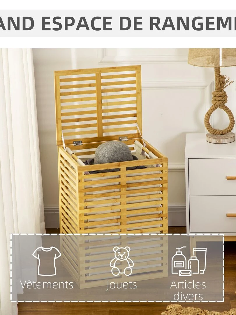 Panier à linge bambou sac amovible polyester beige   Beige