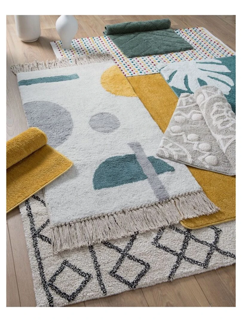 Guy Levasseur   Tapis de bain en coton figuratif blanc à franges   Blanc