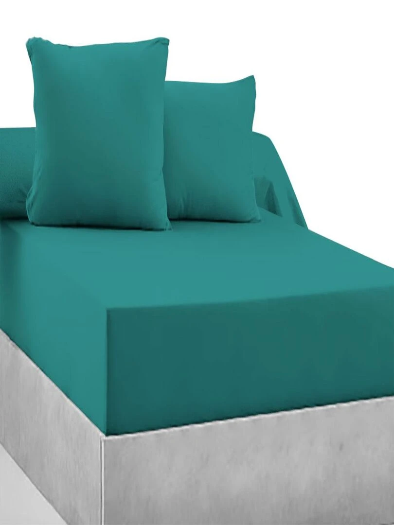 Drap housse 100% Coton 57 Fils Vert Turquoise 160 x 200 cm Bonnet 30 cm Bleu Vert