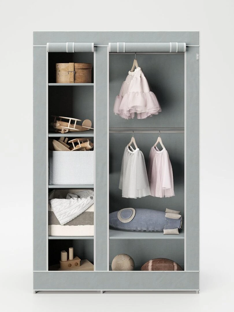 Armoire de rangement à 2 penderies et 6 compartiments en tissu   'ROBA' Little Stars   Gris Vert
