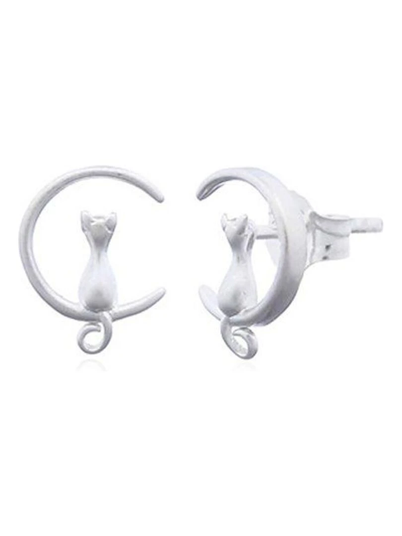 Puces en argent forme lune et chat Bijoucolor Argent