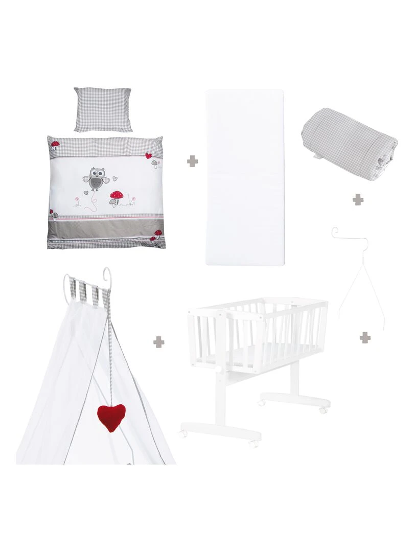 ROBA Berceau Adam & Eule 40x90 cm + Équipement Complet Bois Laqué Blanc Blanc