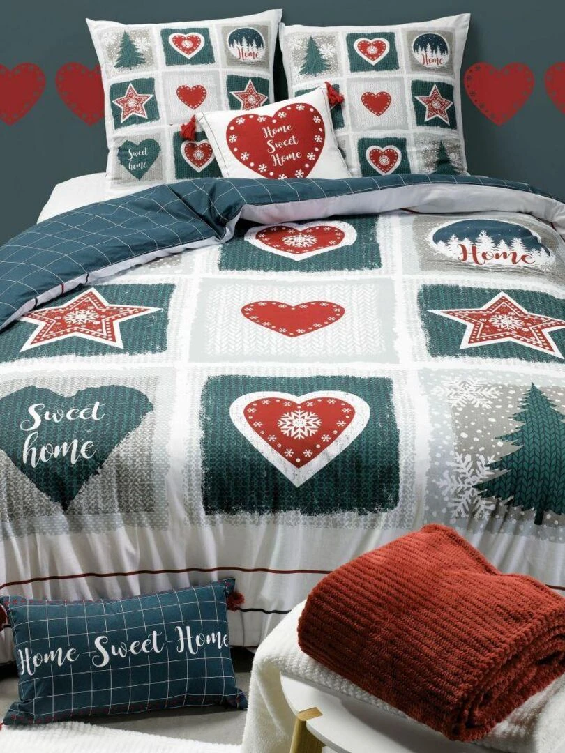 Housse de couette + 2 taies d'oreiller coton 57 fils Home Sweet Home Gris