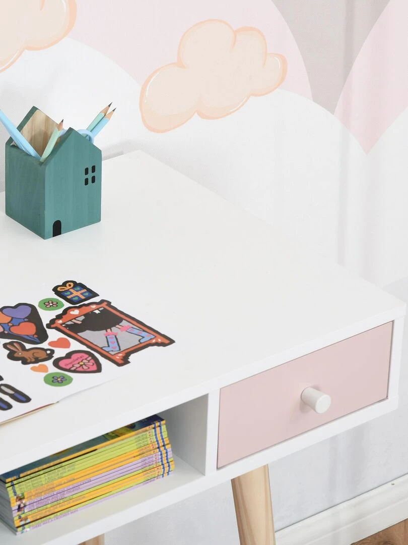 Bureau enfant style scandinave 2 tiroirs blanc MDF et pin   Blanc
