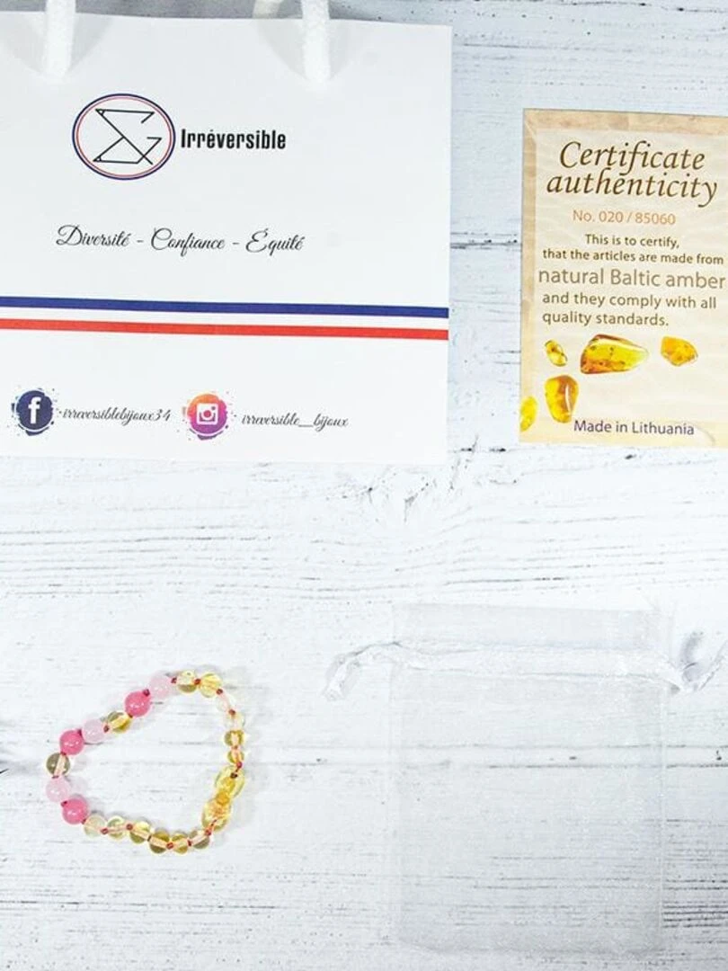 Bracelet bébé   Ambre et pierres naturelles   Ambre Lemon / Quartz rose / Calcédoine   Rose