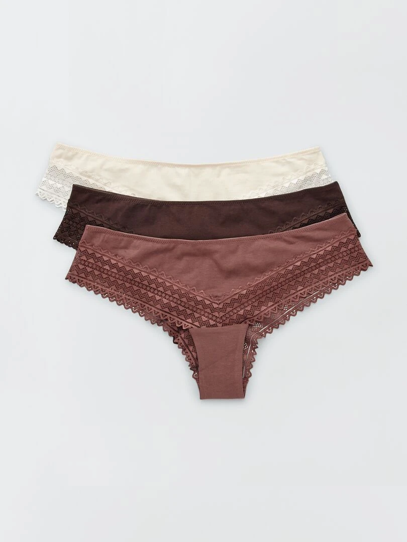 Lot de 3 tangas coton dentelle marron/marron rosé/beige