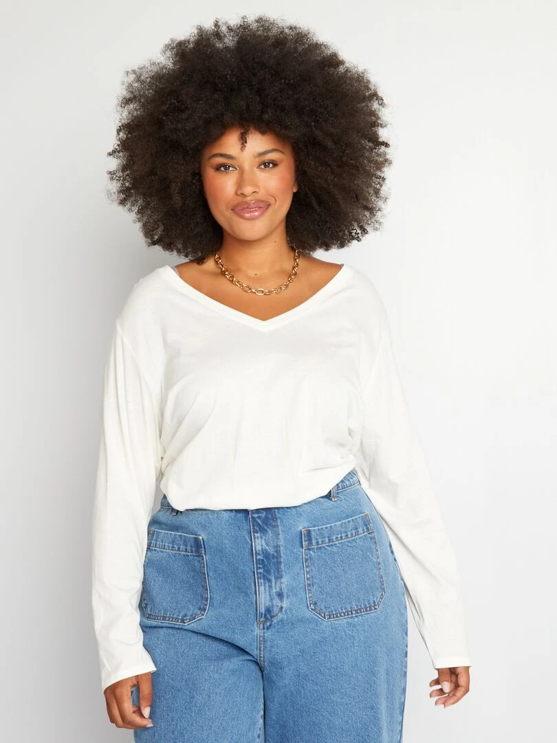 Tee shirt basique manches longues et col V blanc