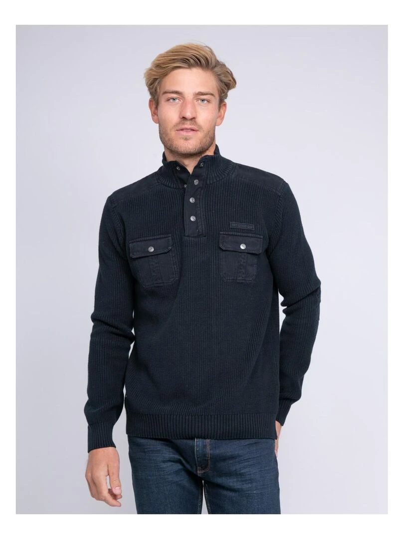 Pull col montant boutonné LOGANI Bleu marine