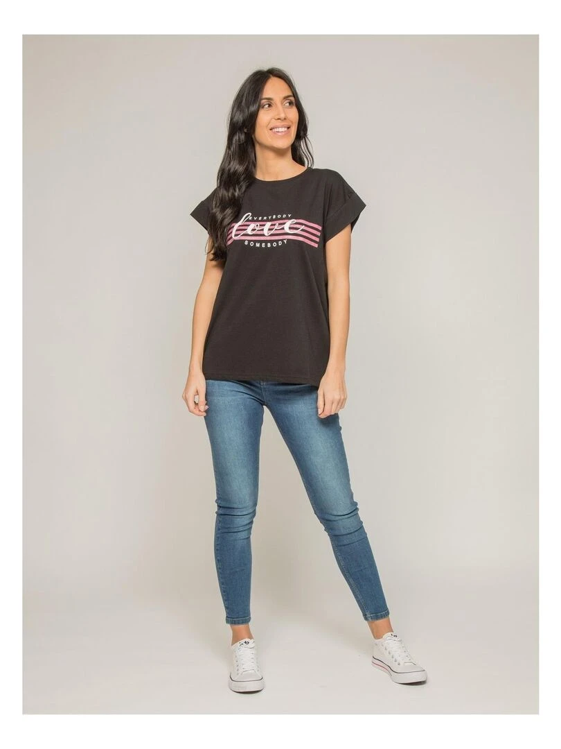 T shirt col rond message FODY   Noir