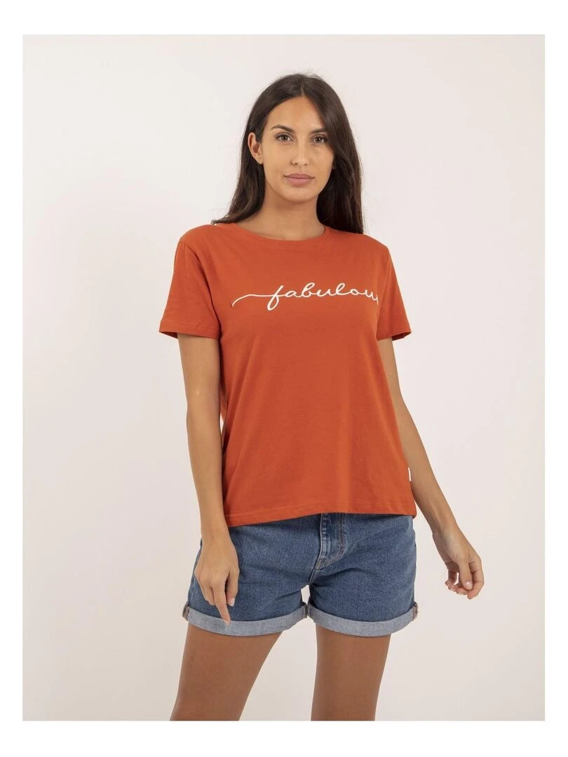 T shirt col rond message FIORELLI Rouge brique