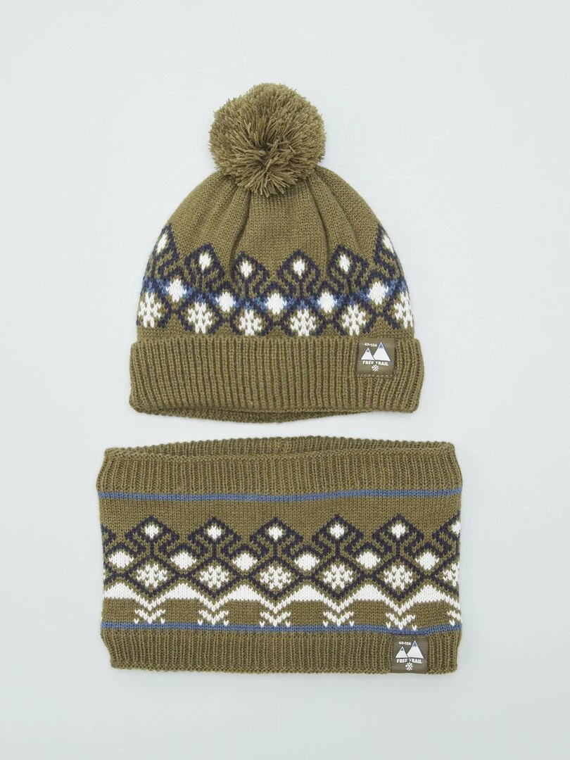 Bonnet + snood en maille jacquard Kaki