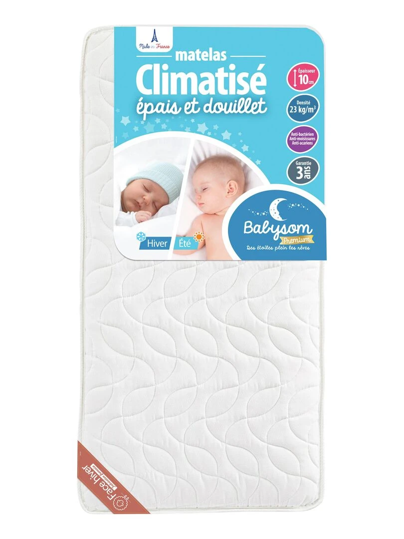 Babysom Matelas Bébé Climatisé 70x140 cm Épaisseur 10 cm Fabrication française Blanc
