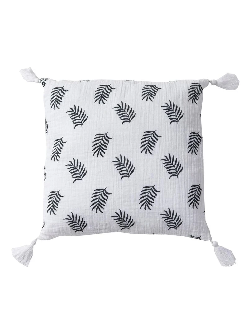 Coussin en double gaze de coton avec imprimé feuillage 'Deko&co' Blanc Gris anthracite