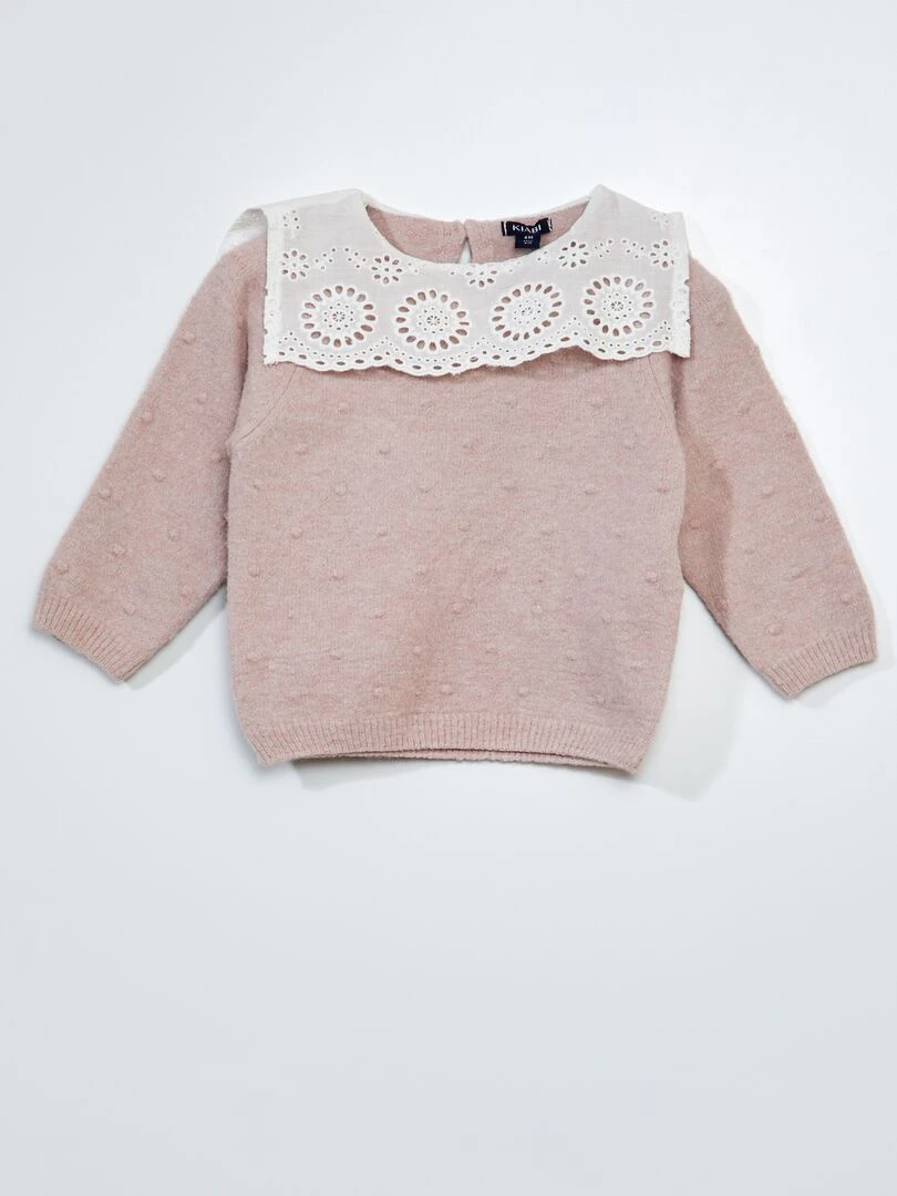 Pull en maille tricot avec col en broderies anglaises Rose