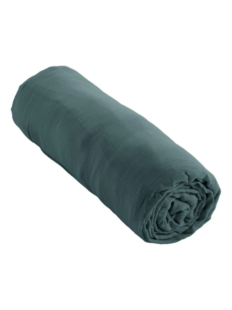 Drap Housse Double Gaze Coton Gaia Bleu canard