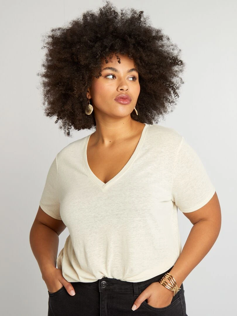T shirt uni en lin mélangé Beige