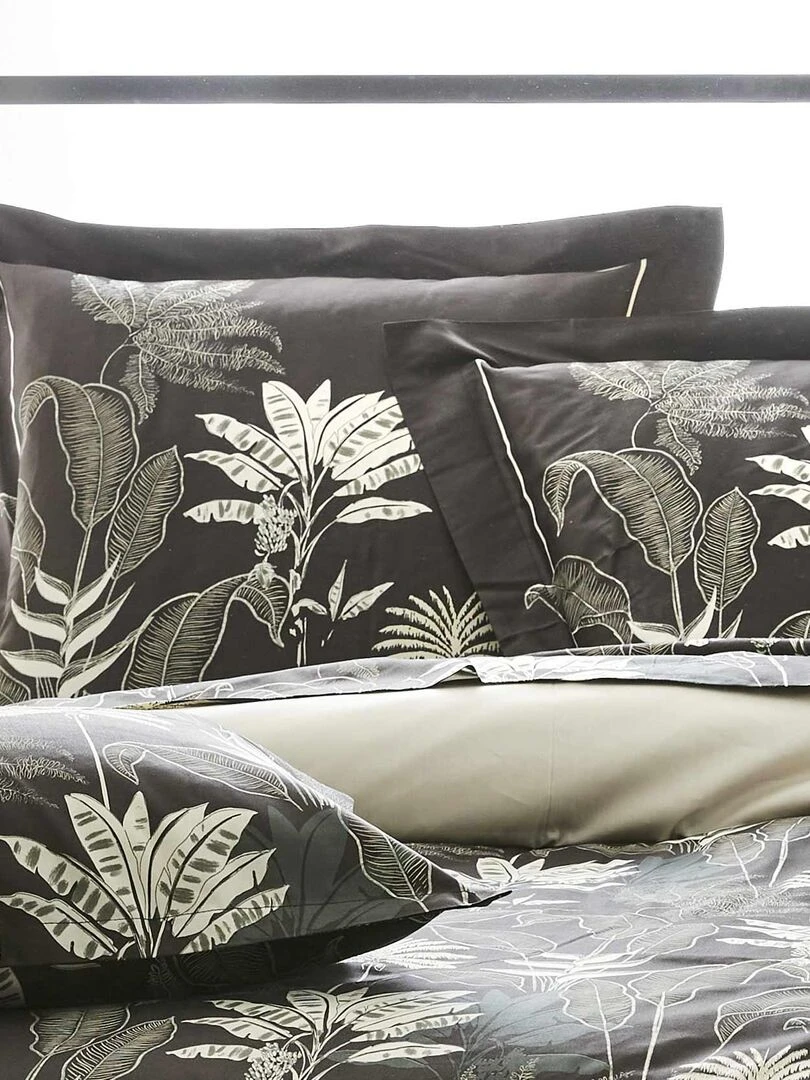 Parure de lit en satin aux feuilles tropicales gris anthracite